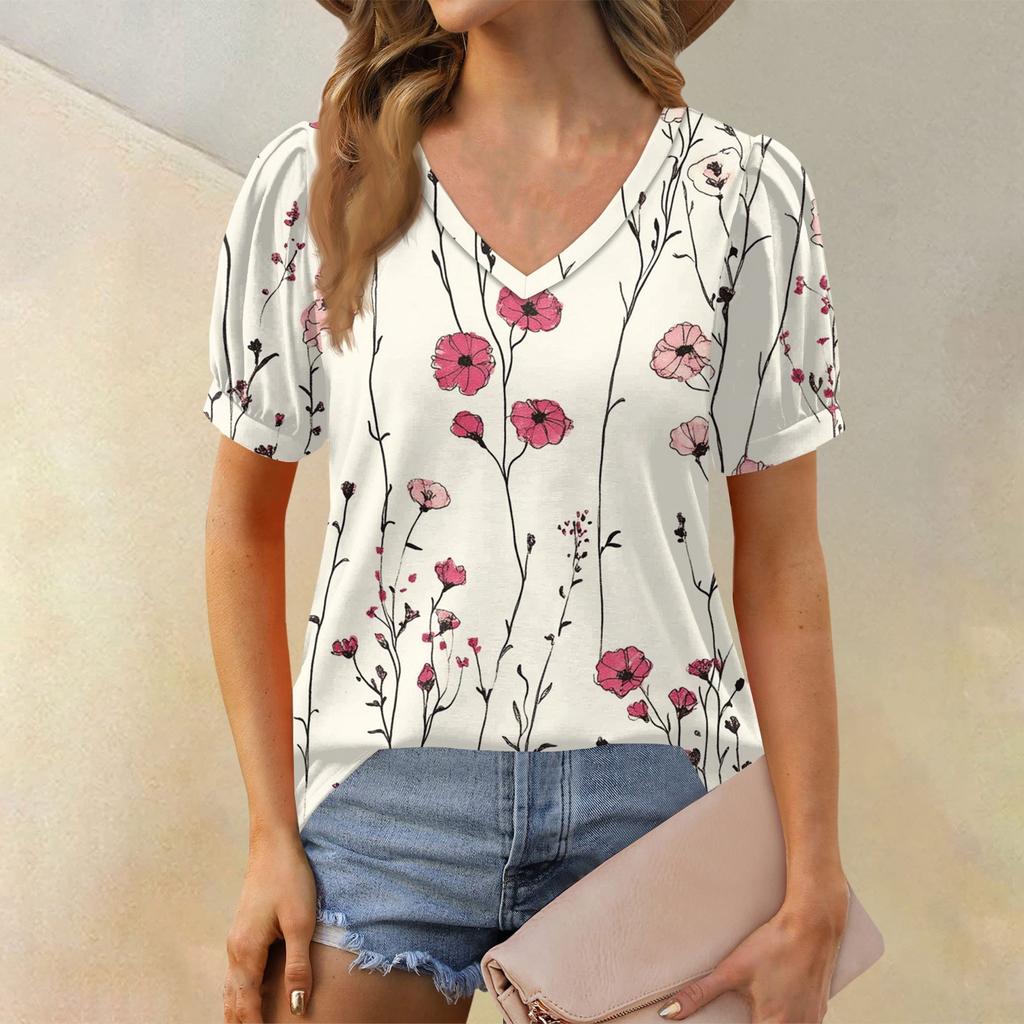 Dámská móda Květinový potisk Top Krátký balónkový rukáv Výstřih do V Volné ležérní tričko