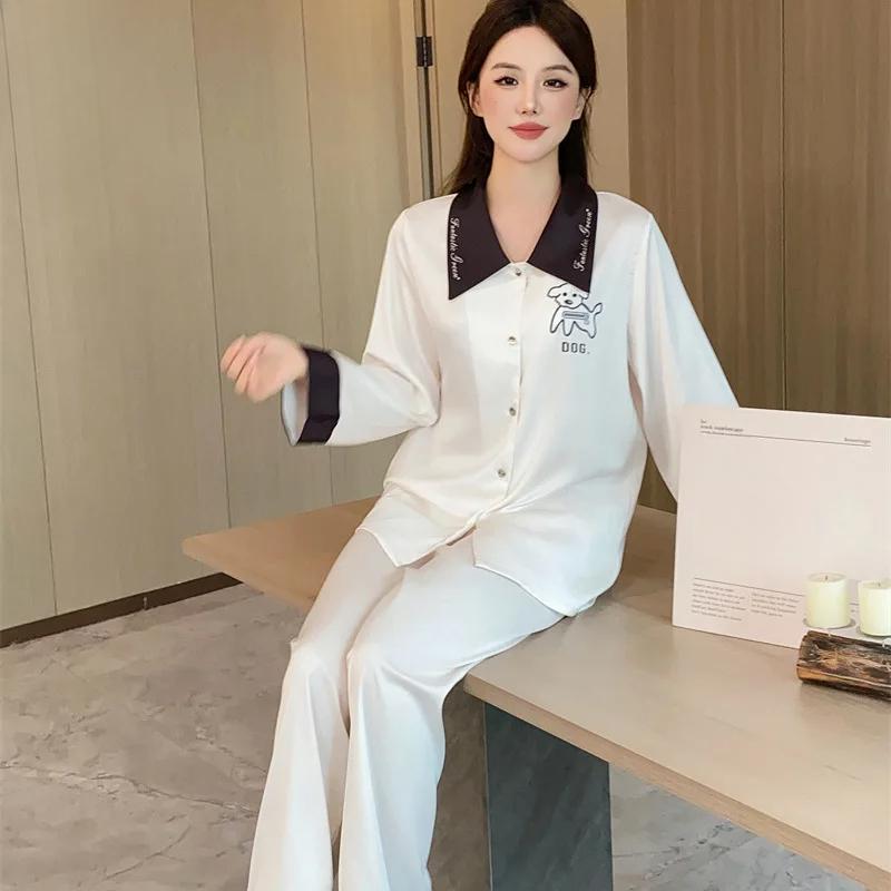 Women's New Cardigan Pajamas Spring and Autumn Lapel Fairy Style Double Long Two-Piece Suit Outfit Casual Home Clothes