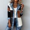 Women's Point Collar Long Sleeve Color Block Jacket Loose Fit Streetwear Denim Patchwork Blazer