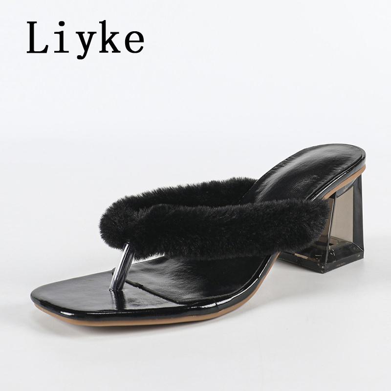 

Модные летние тапочки Liyke Женские черные пушистые перья Шлепанцы Обувь Модные странные прозрачные ажурные каблуки Вьетнамки Сандалии Размер 42 35 чёрный