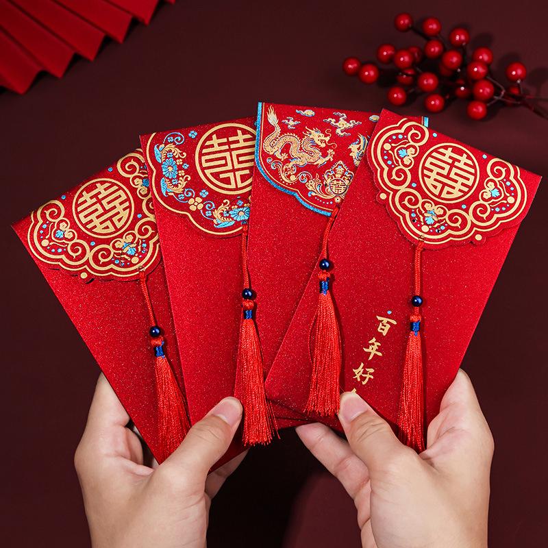 10Pcs Traditional Chinese Wedding Red Envelope With Tassel Lucky Money Packets Blessing Red Packet Hongbao Wedding Gifts