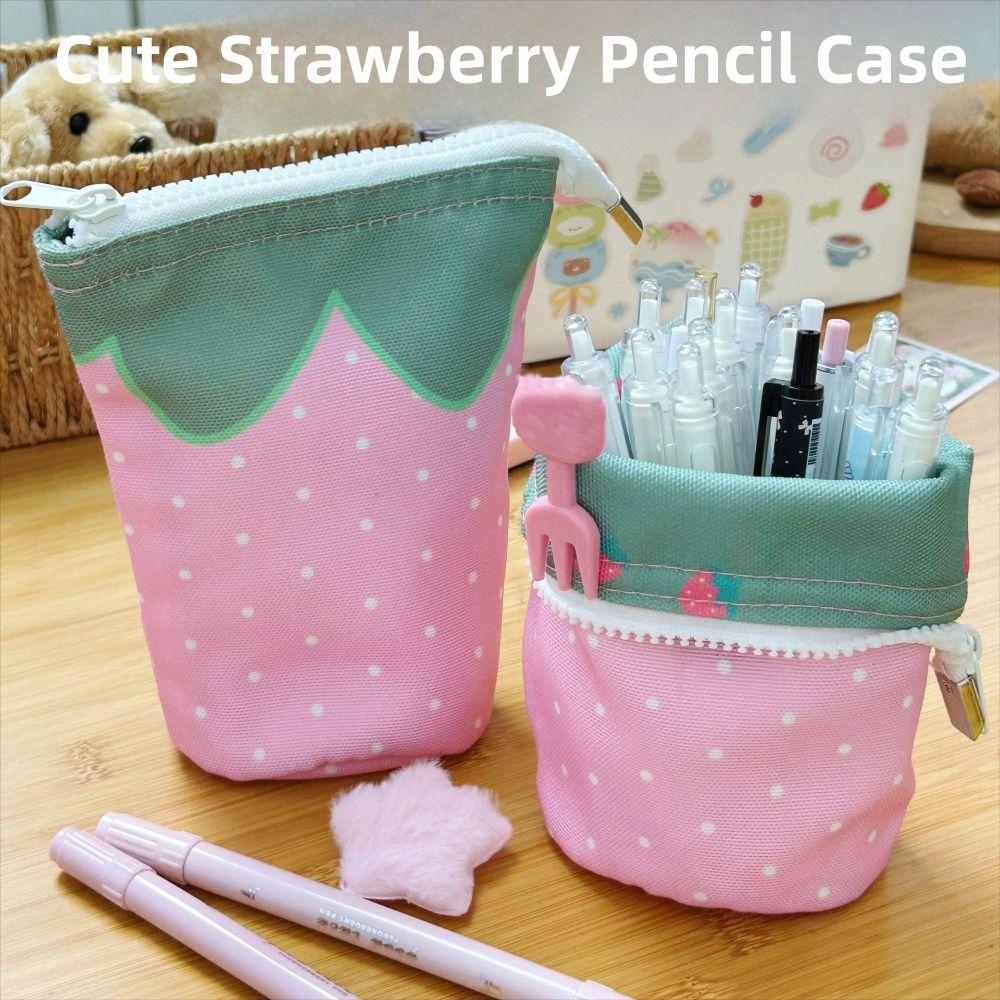 Cylindrical Stand Up Pen Bag Strawberry Pencil Case Cute Cosmetic Bag  Students Supplies