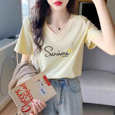 Reines Baumwoll-Kurzarm-V-Ausschnitt-T-Shirt Damen Locker Sommerlich Lässig Vielseitig Vorderseite Schulter Reines Baumwoll-Hühnerherz-Kragen Oberteil 2025 Neu
