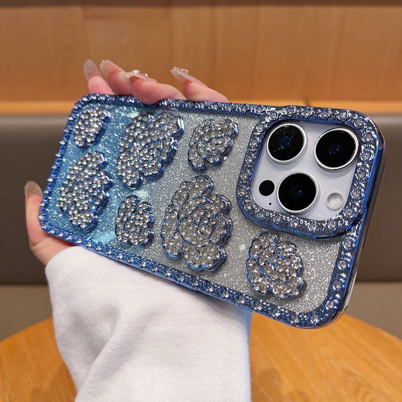 Applicable To IPhone16ProMax Rose Mobile Case Inlaid with Rhinestones Apple 15 Luxury Electroplating 14 Protective Case