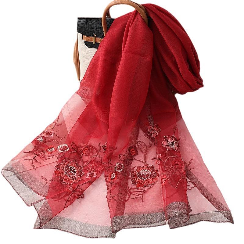 Four Season silk wool scarf women hijab pashmina shawls wrap Luxury Bandana Floral Pashmina Embroidery Scarves Foulard Fashion