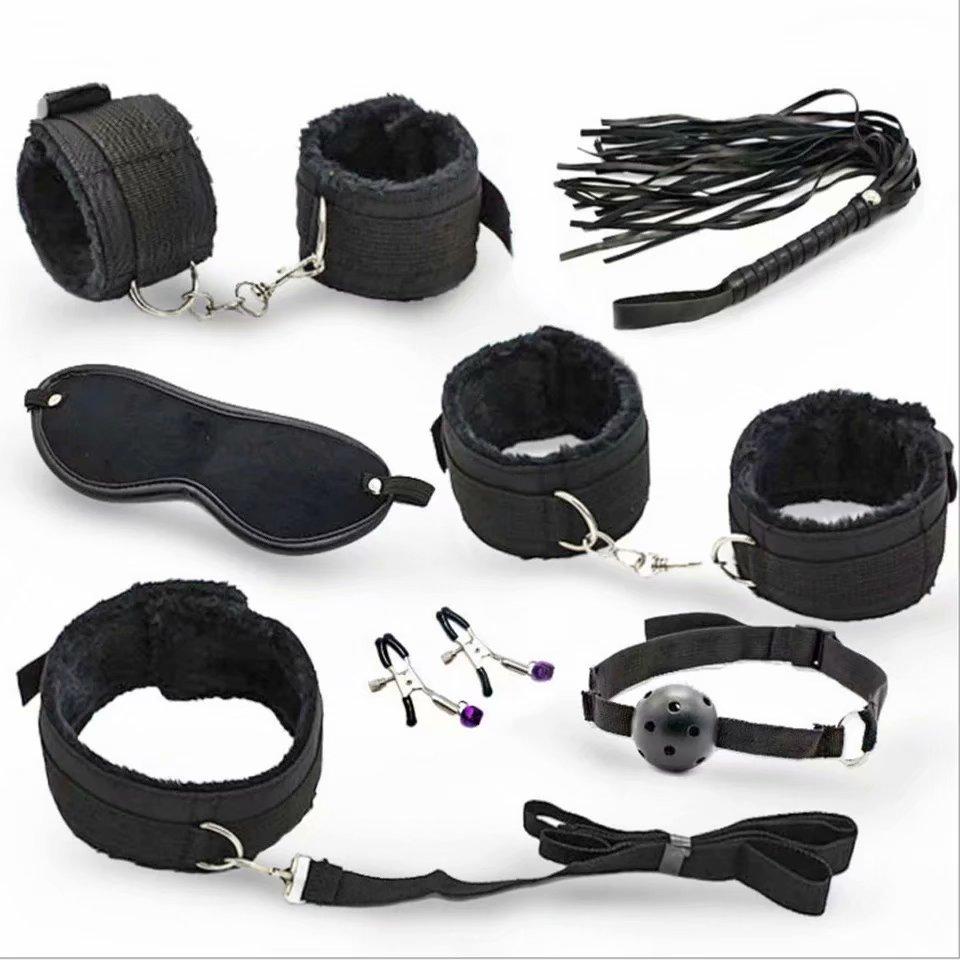 7pcs/set for Woman PU Leather SM Bondage Set Sex Handcuffs Footcuffs Whip Rope Eye Mask Blindfold Erotic Toys Couples