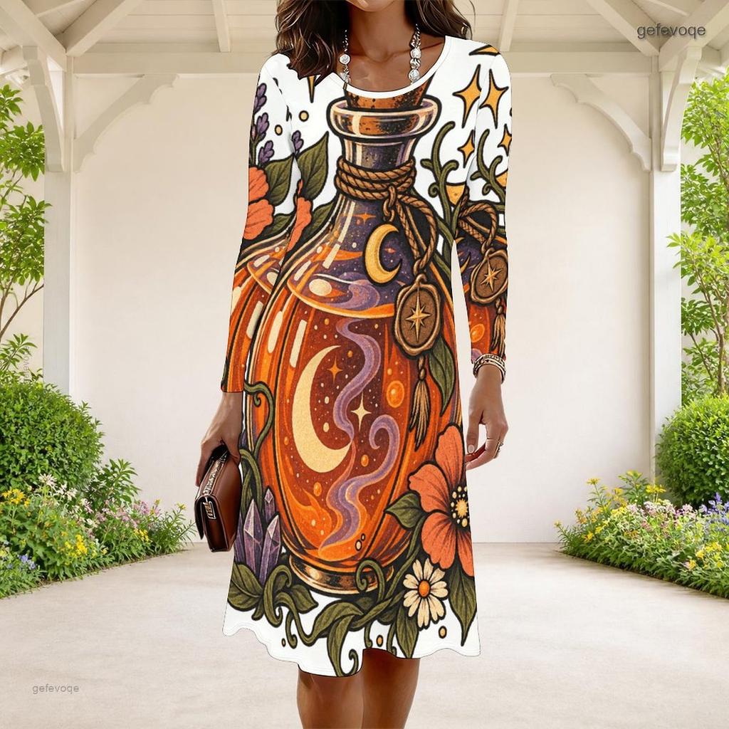 Women Plus Size Round Neck Long Sleeve A Line Flared Dress White Halloween Ghost Pumpkin Printed