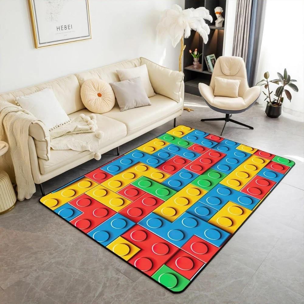 Rainbow Building Blocks Inspired Carpets for Living Room Decor Construction Carpet for Boys Girls Bedroom Washable Entrance Rug