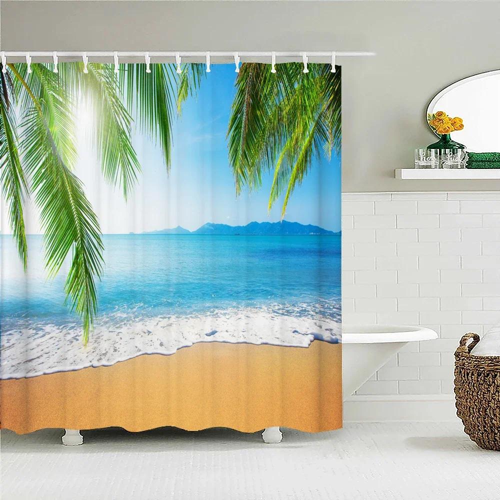 Sunny Beach Seaside Scenery 3D Printing Shower Curtain Large Size Waterproof Polyester Home Decor Curtain With Hooks