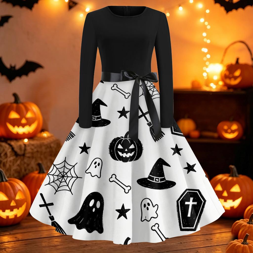 Women's Casual Long Sleeve Fit and Flare Dress Round Neck Halloween Print Full Skirt Midi Dress with Waist Tie for Everyday Wear