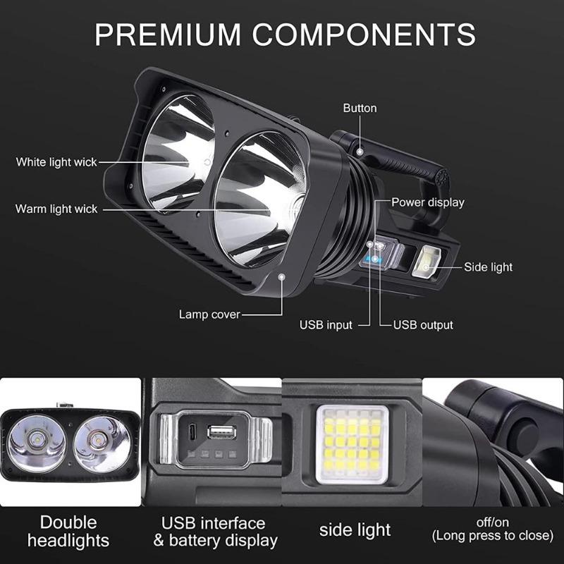 36W High-Power Strong Lumens Searchlight Type-C Rechargeable LED Spot Light 10 Modes Super Bright Outdoor Waterproof Dual Light Source P50 Flashlight
