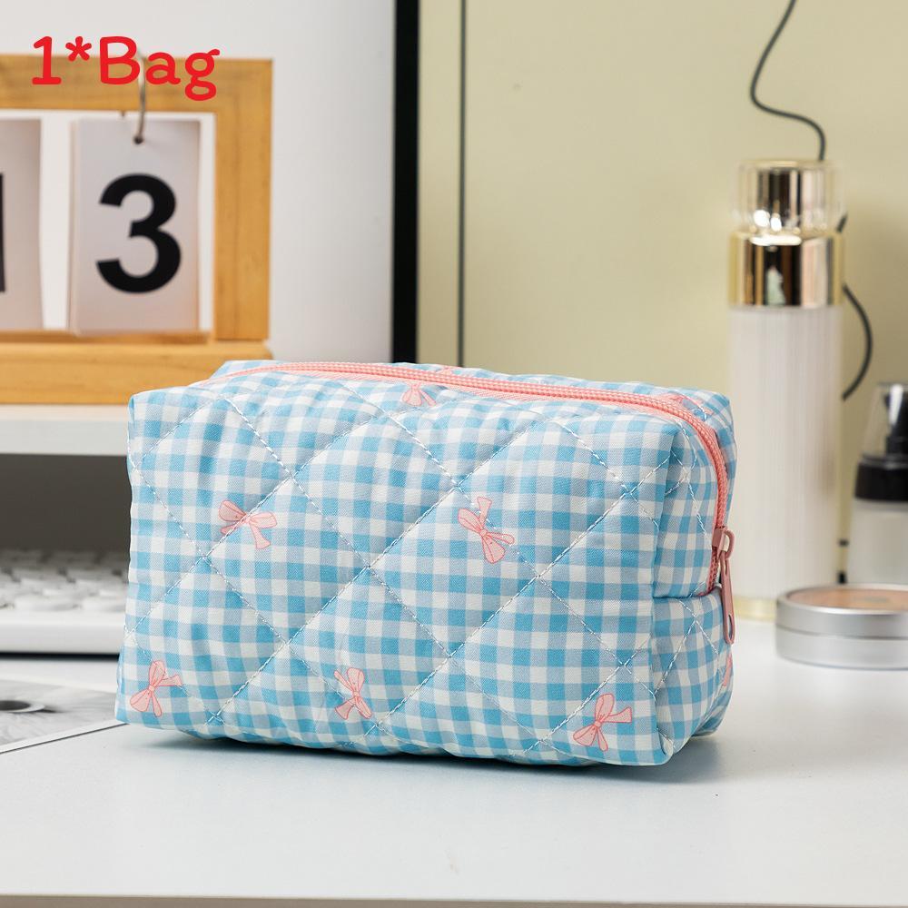 Korean Style Cotton Polyester Checkered Bow Makeup Bag With Zipper For Daily Use