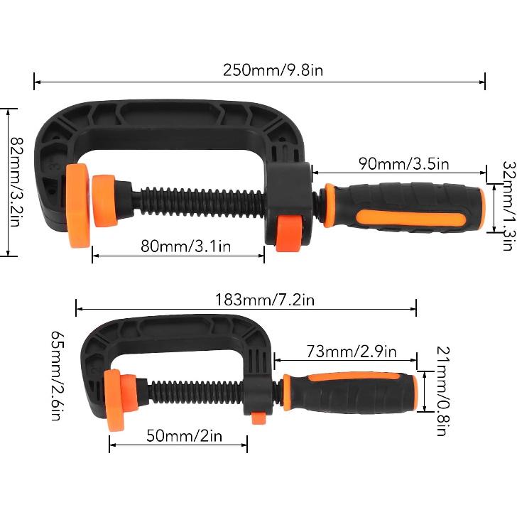 2Pcs C Clamp Set - Strong Clamping Force Plastic Rubber Clamps for Woodworking, DIY and Household Projects, Adjustable and Ergonomic with