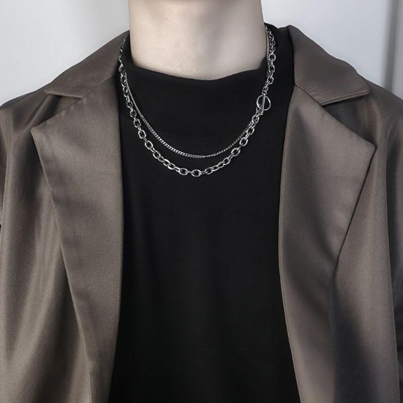 European and American personalized double-layer OT buckle necklace for men and women, simple hip-hop punk thick and thin chain,
