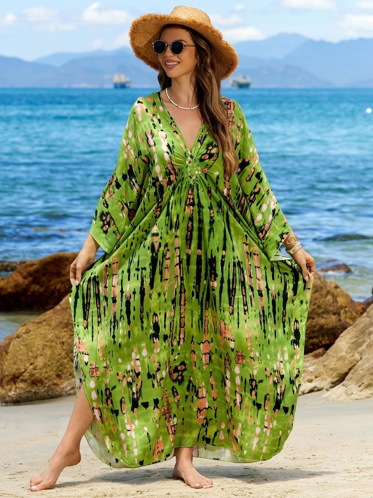 Vacation dress, long robe, loose positioned print beach cover-up, bikini dress