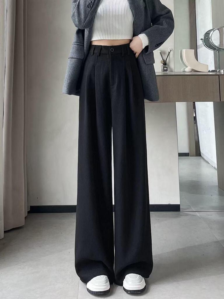 Women's Winter High-Waist Wide-Leg Wool Pants - Gray/Black
