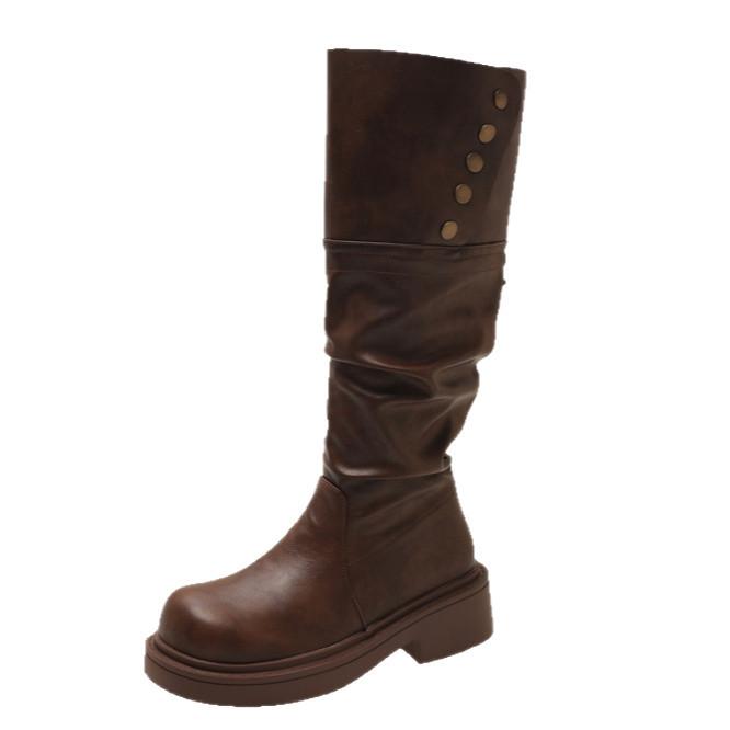 Leather pleated pile boots two wear brown boots women 2025 thick sole but knee small tall knight boots