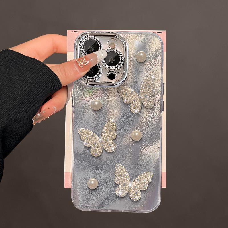 

Браслет с жемчужной бабочкой для iPhone16promax Чехол для телефона Apple 15 High-end Sense 14 Трехмерный 13 Защита от падения iPhone XS Max