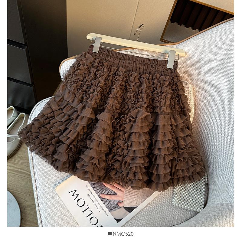 Korean Ballet-Inspired High-Waisted Ruffled Mesh A-Line Layered Skirt for Women, Autumn 2025