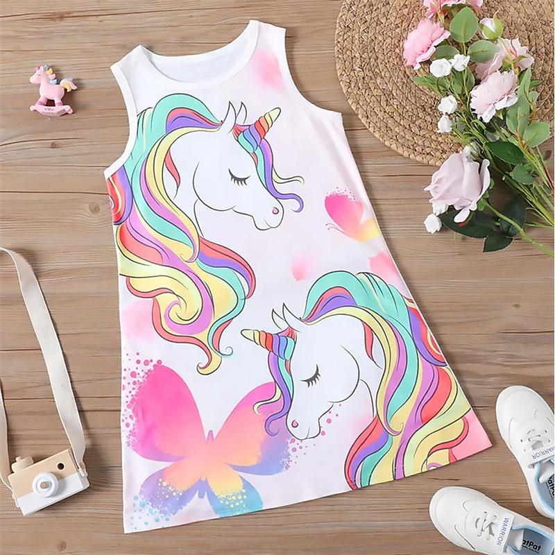 Girls' Dress Sleeveless 3D Pink Steed Print Summer Spring Daily Cute Casual Sweet Kids A Line Dress Tank Dress Sleeping Good Night Dress