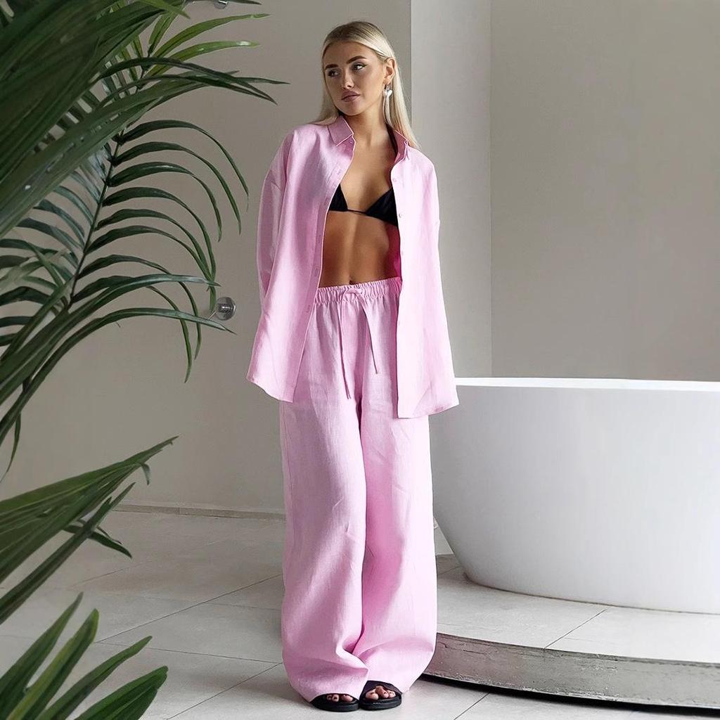 Women's 2025 European & American Spring/Summer Casual Loose Long-Sleeved Shirt and Trousers Set