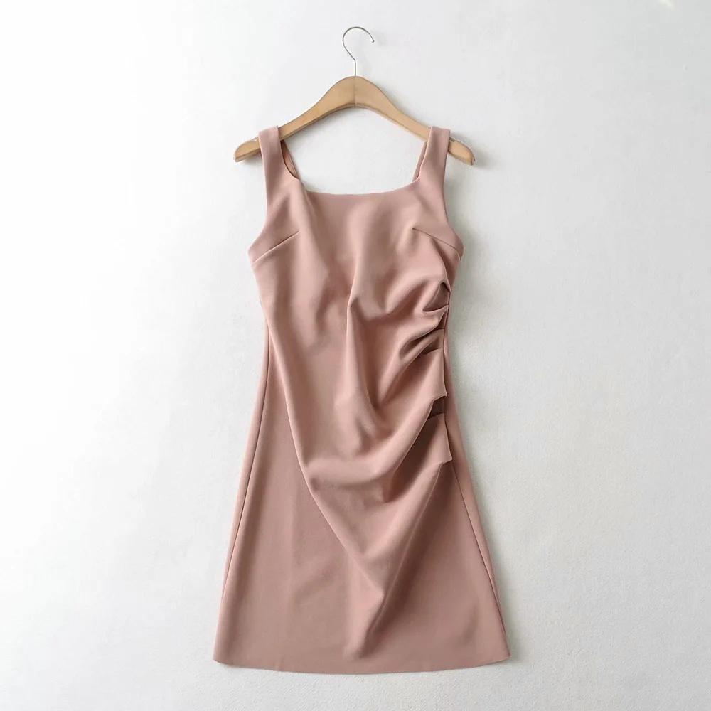 2025 Side Pleated Vest Dress, European And American Style Women'S New Solid Color Tight Strap Dress