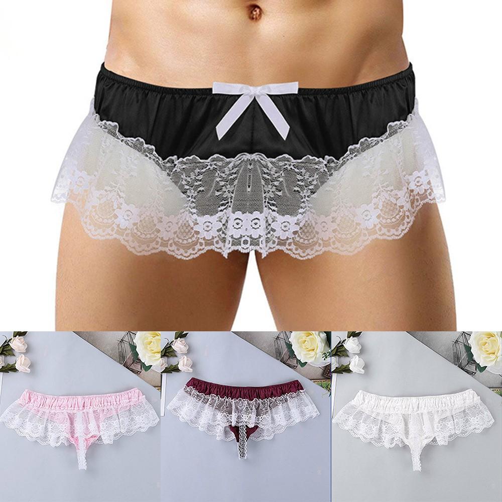 Men Sissy Lace See Through Panties Sexy Satin Thong Briefs Underwear