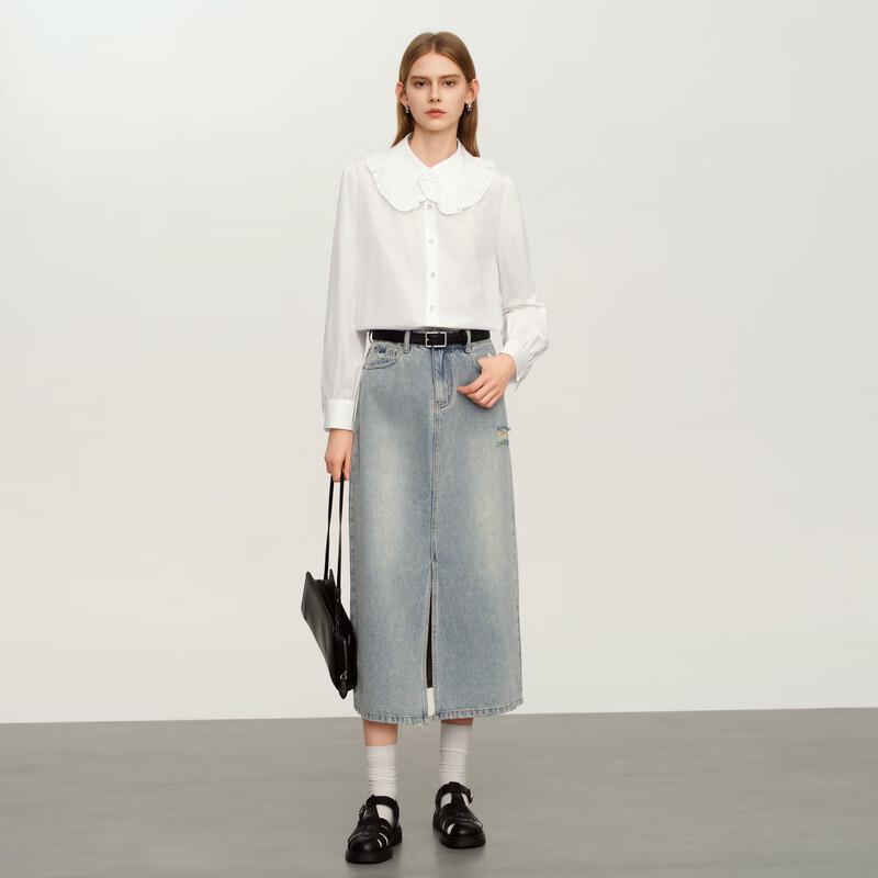 Elva' Island Women's Mid-length A-line Slit Denim Skirt