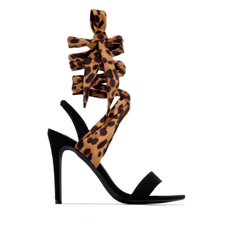 

Fashion stiletto high heels women s open-toed suede leopard print ribbon women s shoes large size sandals women s 41 цветной печати леопарда