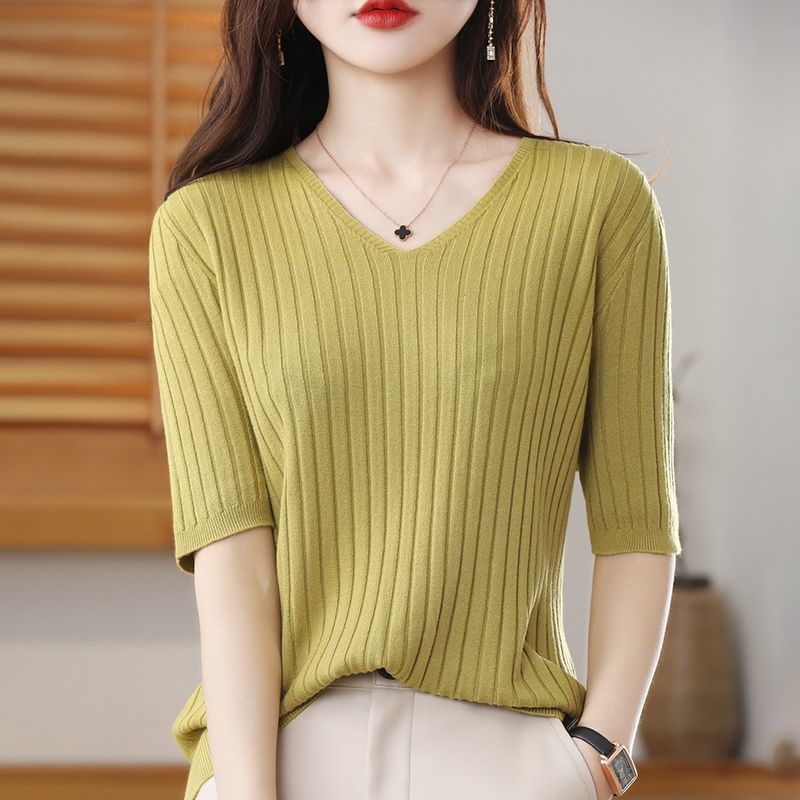 Frühling Sommer Damen V-Ausschnitt Kurzarm Exquisiter Kaschmir Strickpullover Pullover Einfarbig