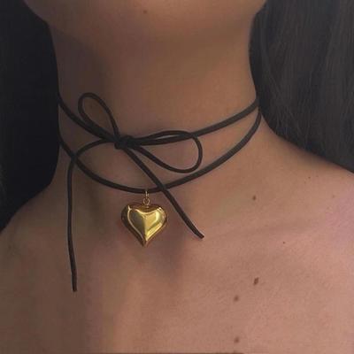 Boho Heart Shaped Pendant Clavicle Necklace Women's Black Rope Adjustable Bow Tie Girl Fashion Birthday Zircon