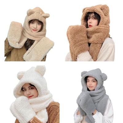 3 In 1 Girl Scarf Bear Hat Furry Caps Scarf with Gloves Set Winter Warm Headgear for Casual Outdoor Wear