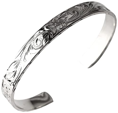 

[BFF] Brand Gold 18K GP Gold Maile Scroll Wave Hawaiian Flat Bangle Flat Band Wristband Hawaiian Jewelry with Exclusive Box (M (8mm Width), Silver)