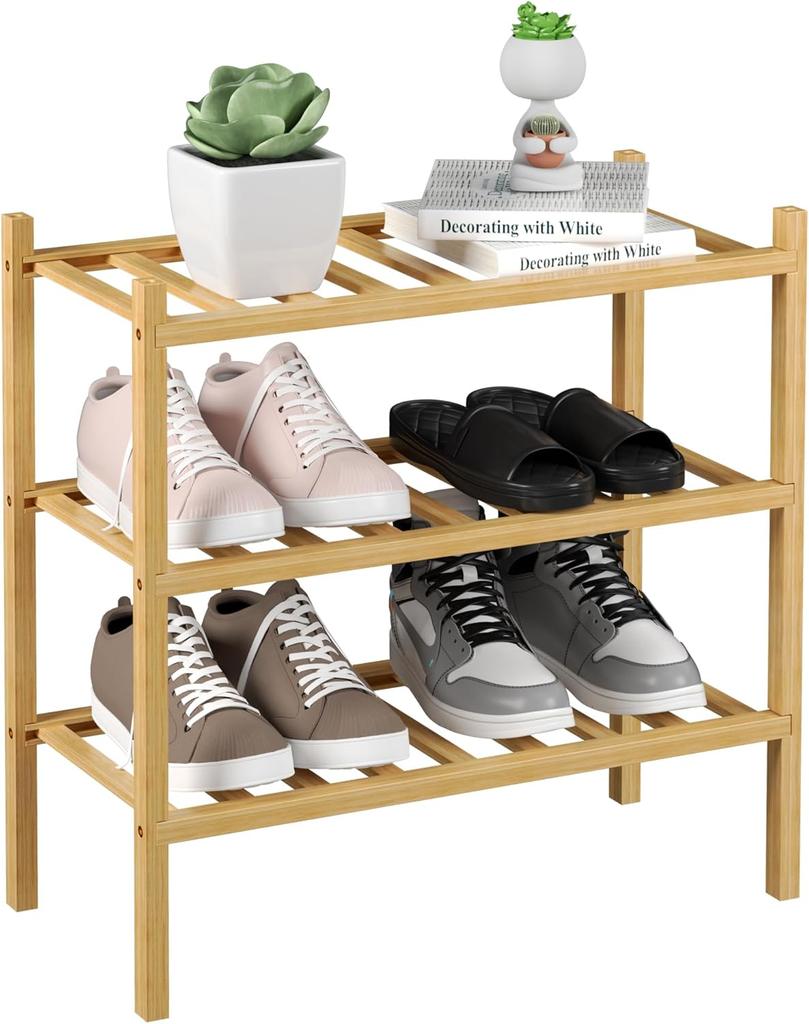 3-Tier Bamboo Shoe Rack - Free Standing Space-Saving Shoe Shelf Organizer for Small Spaces, Stackable Eco-Friendly