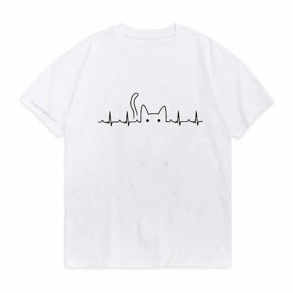 Funny Cat Heartbeat Graphic Tshirt Unisex Unisex Summer Casual Short Sleeve Crew Neck Loose Kawaii Kitten Harajuku Top Tee