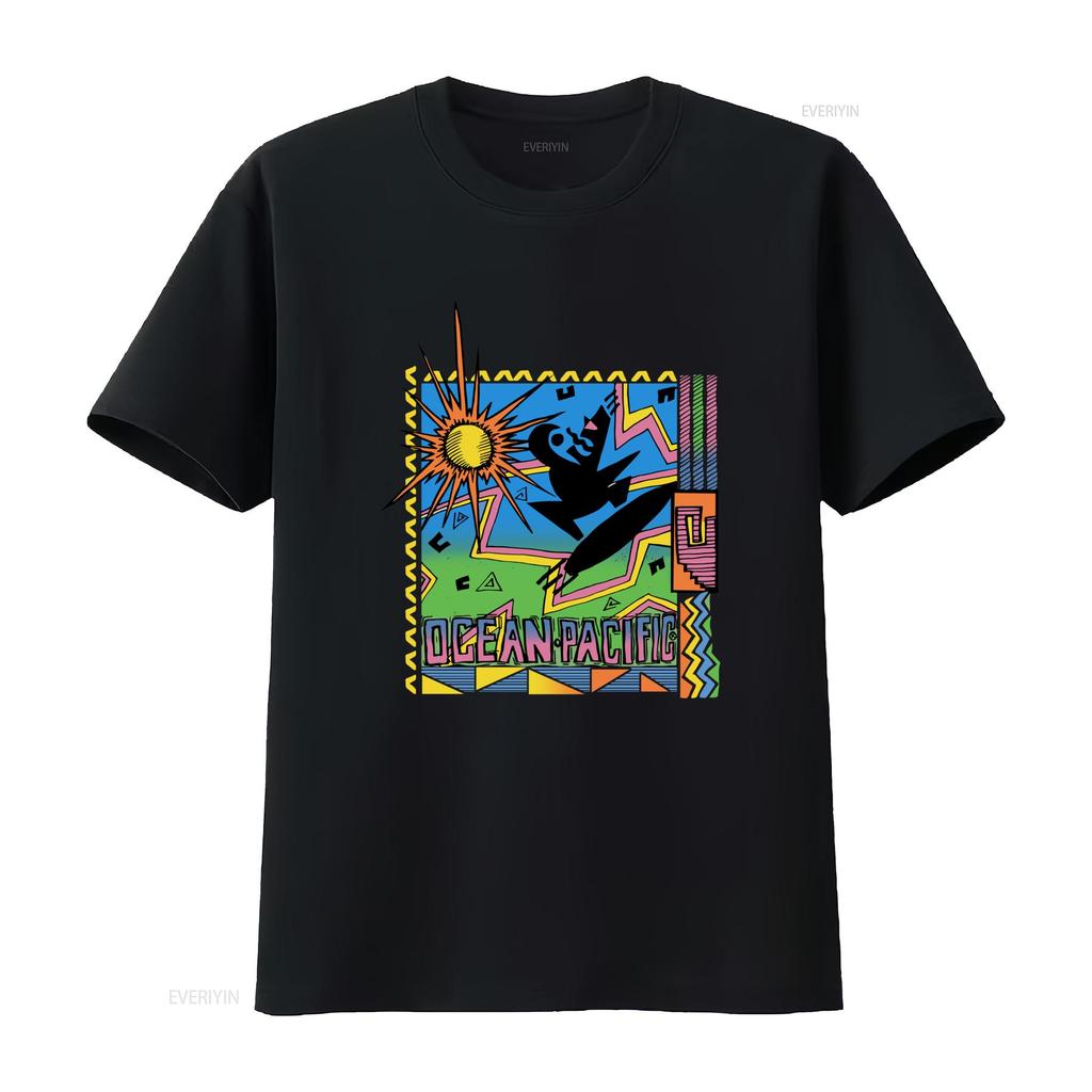 Vintage 90s Y2K Ocean Pacific Tribal Surf Bright Op T Shirt Black Vintage Washed Casual Homme Stretched Streetwear