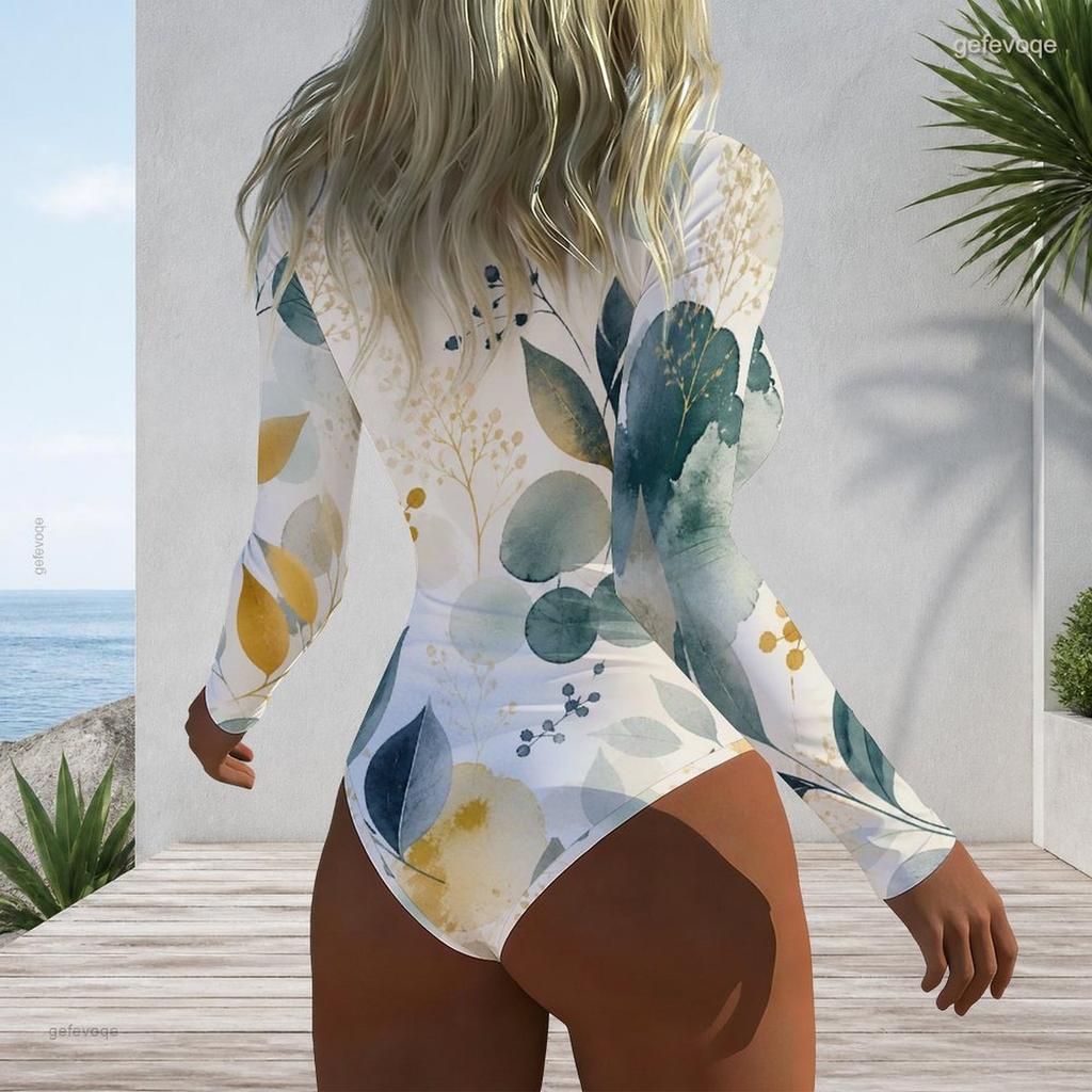 Women Plus Size Long Sleeve High Neck Front Zipper Leaf Geometric Print One Piece Swimsuit