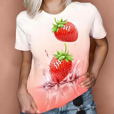 Sweet Strawberry 3D Print Women's T-Shirt - Round Neck, Soft Fabric, Casual Comfort Fit Top