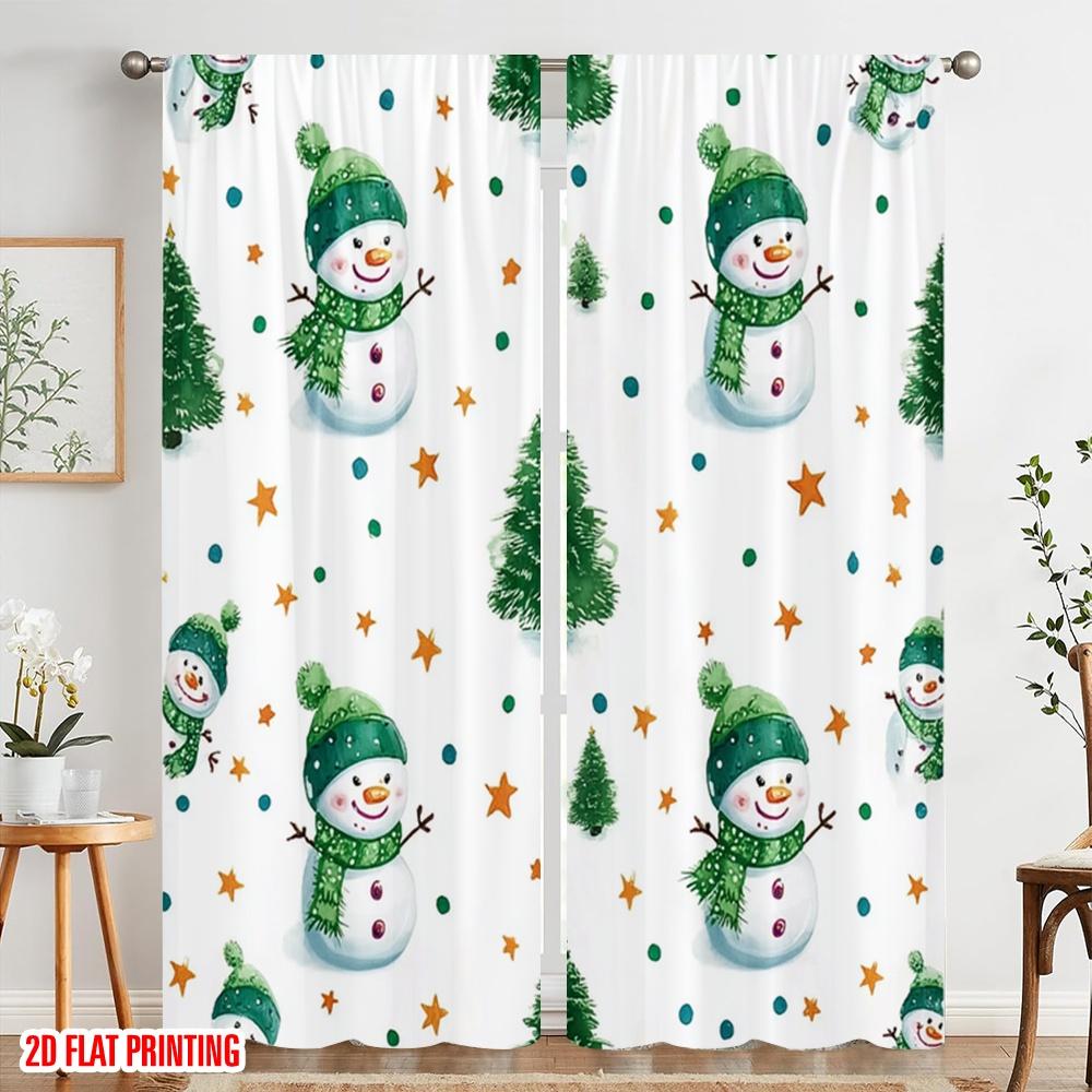 2pcs,2D Plane Printing Curtains Comfortable Snowman 100% Polyester (without Rod) Festive Use for Living Room and Bedroom, Home