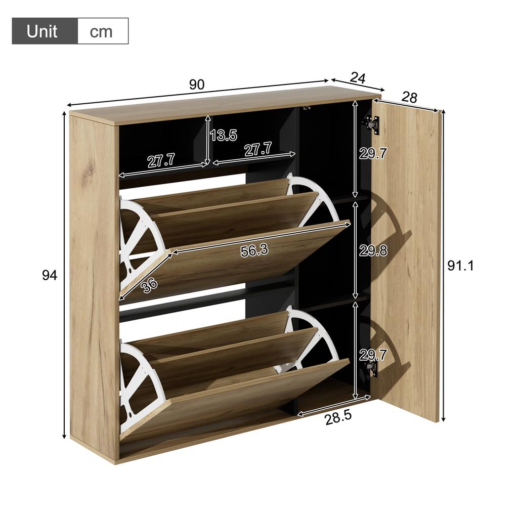 Shoe Cabinet with 2 Flaps & 1 Door – Narrow Shoe Tilt Cabinet, Open Compartments & Adjustable Shelves, Space-Saving, Wood Look/Black, 90x24x94 Cm