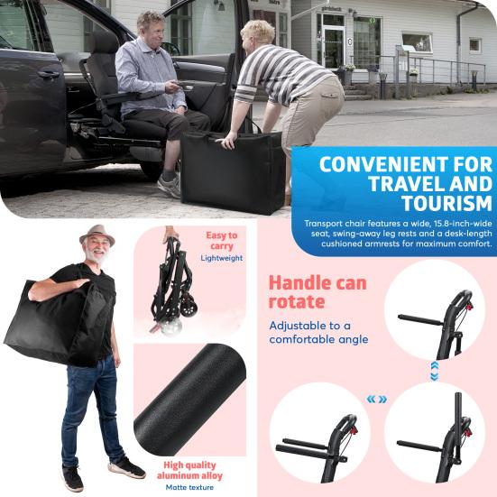 Aluminum Alloy Foldable Wheelchair with Flip-up Armrest, Portable Transport Chair, 286lbs Capacity