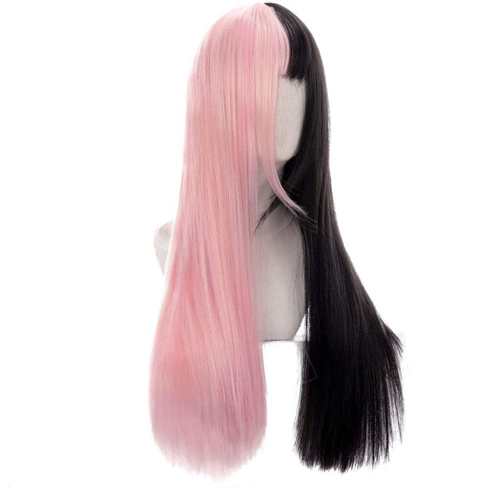 Long Thick Cosplay Synthetic Bangs Black&pink Wig Long Straight Hair Double Color Toupee Lolita