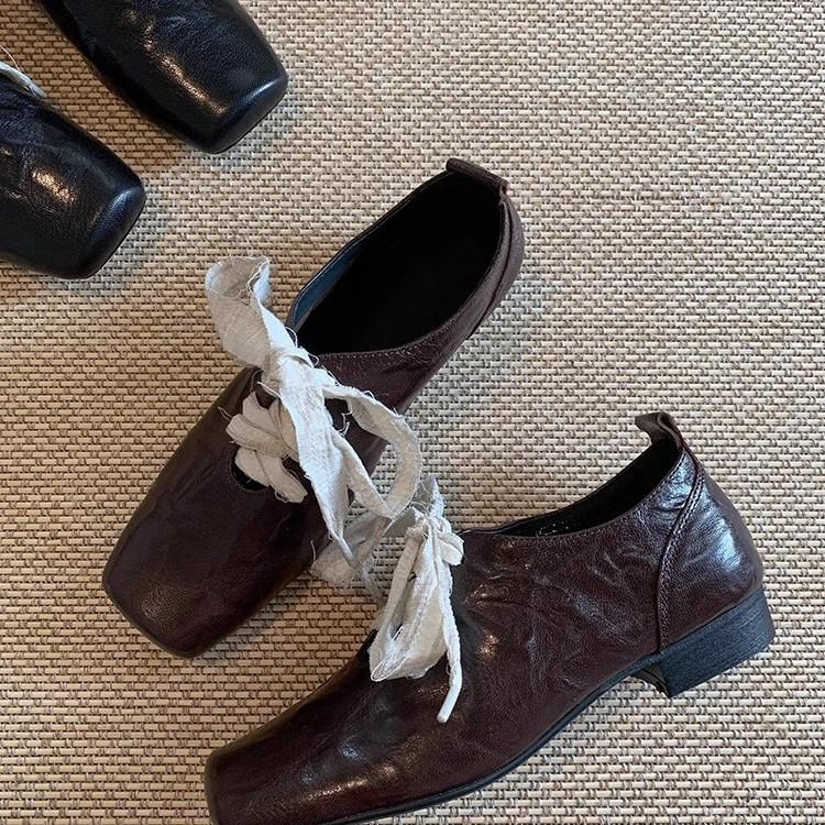 Retro Square Toe Chunky Heel Leather Ballet Shoes for Women