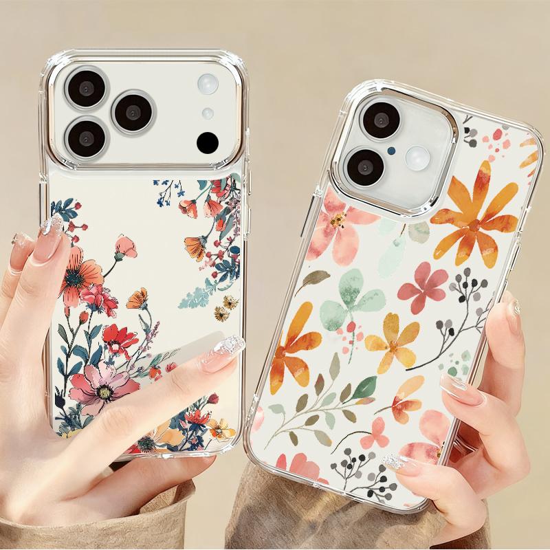 Luxury Flowers Print Case For iPhone 17 18 Pro Max Plating Lens Clear Soft Cover For iPhone 16 15 14 13 Pro Max 17E