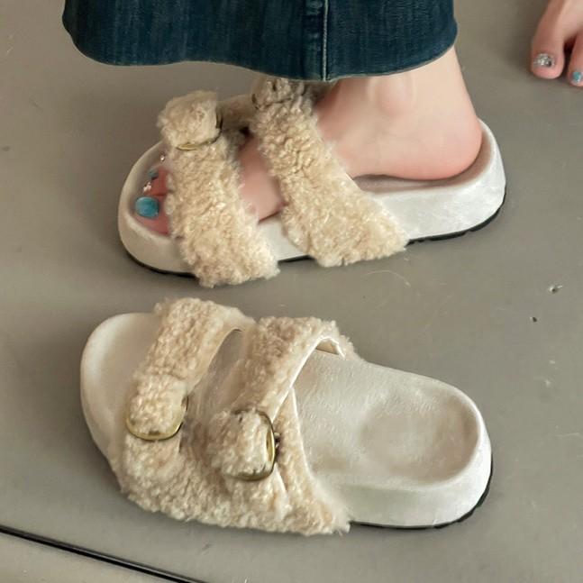 Piaohong versatile retro style buckle one-word fluffy slippers women's 2025 autumn and winter new outer wear home open-toed cotton shoes