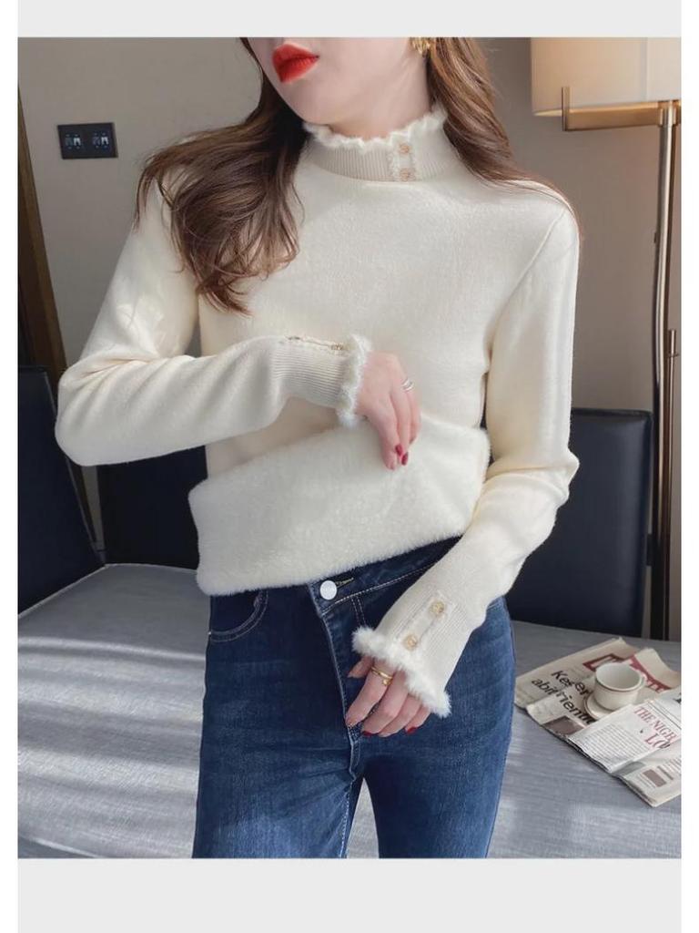Women's One-Piece Fleece Sweater, Warm 2024 Autumn/Winter Design, Fashionable Thick Half-High Collar Base Layer Top.