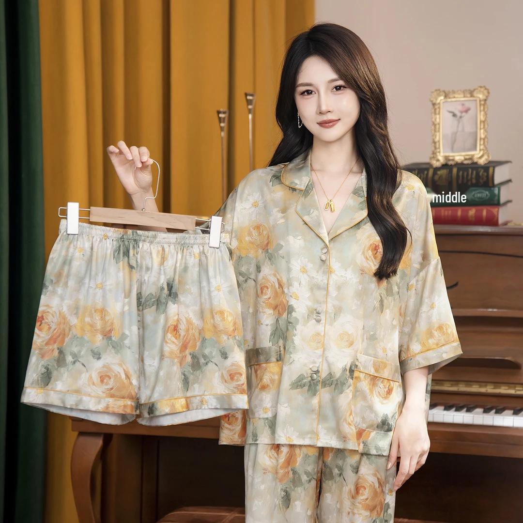 

Da Vinci Code Women s Summer Ice Silk Pajama Set: Loose Short Sleeve Top, Shorts, and Long Pants Medium (M)