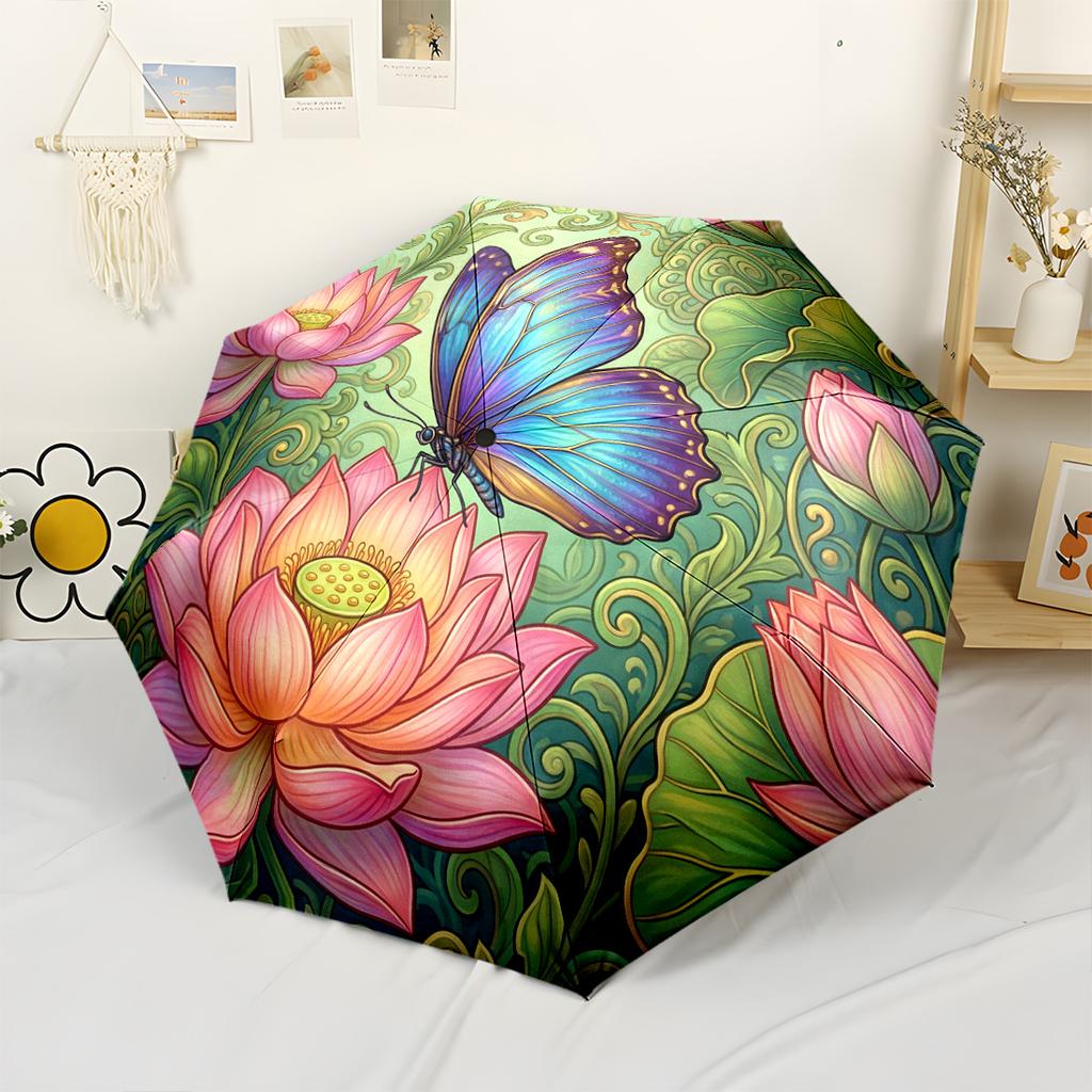 Blue Butterfly Floral Circle Outdoor Automatic Umbrella Compact 8 Rib Design Sturdy Construction for Outdoor Daily Use Compact Folding Umbrella