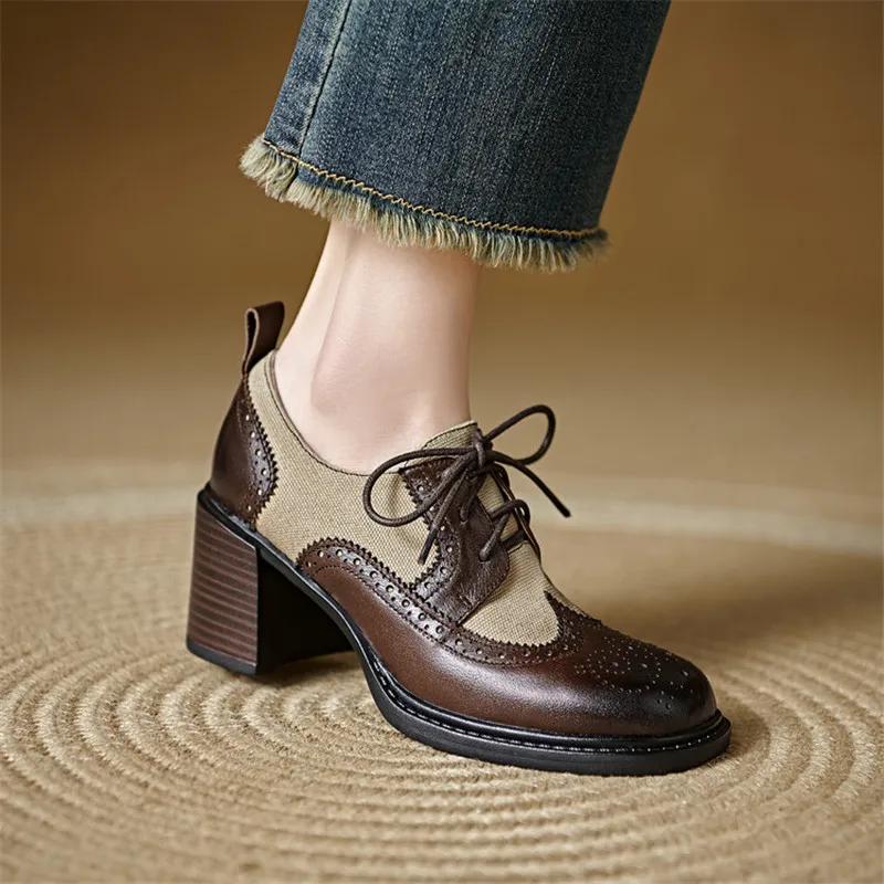 Fashion 2025 New Spring/autumn Brogue Designs Cow Leather Woman Shoes Round Toe High Heel Women Pumps Shoes for Women Fashion Loafers