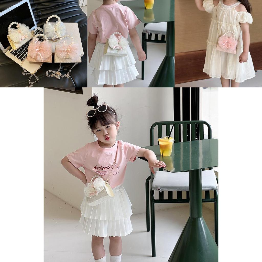 Modern Pink Blue And White Pu Children's Shoulder Bag With Chic Lace Bow Accent